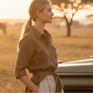 Chaus Walnut Organic Linen Safari Shirt Size M